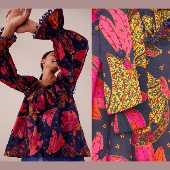 NWT Farm Rio [ Small ] Patchwork Bananas Ruffle Long Sleeve Blouse in Blue‎ - Picture 4 of 13